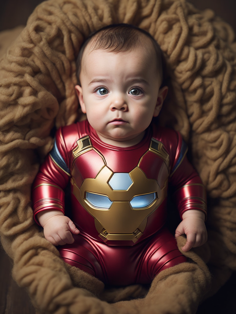 The adorable photo showcases a baby dressed in an iron man costume, capturing the essence of the iconic superhero. the little one is nestled comfortably in a red and gold onesie that mimics iron man's famous armor. the suit features meticulously crafted details, including the arc reactor on the chest and the intricate designs on the helmet. the baby's chubby cheeks and bright eyes give them an extra dose of cuteness as they gaze curiously at the camera, seemingly ready to take on the world.