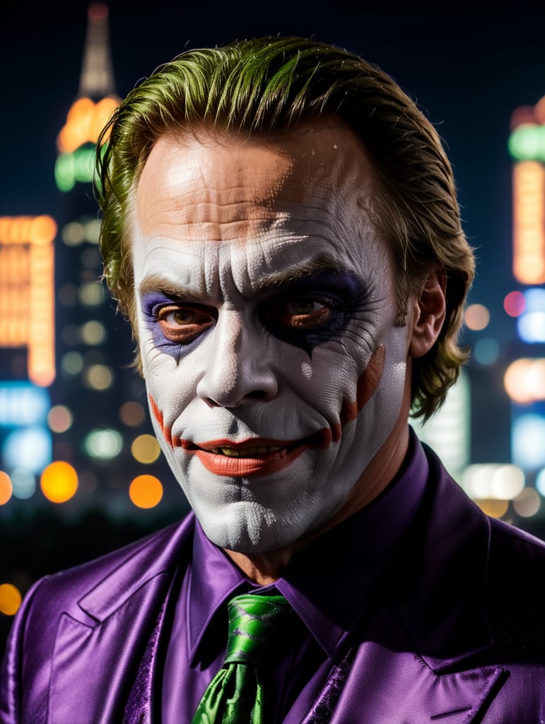 Actor Mark Hamill dressed as the Joker, smiling in a classig Joker Way. in the style of the Batman animated series, with Gotham City at night seen in the background. Spooky, madness, halloween vibe.