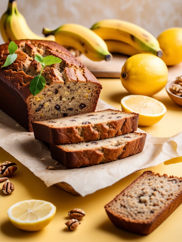 composition with banana bread, banana, lemon zest, walnut, on yellow paper background