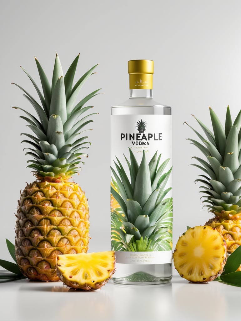 Packaging and branding for a pineapple vodka brand as if it had been designed by HI ESTUDIO with In a set design with pineapple, pineapple leaves, mockup