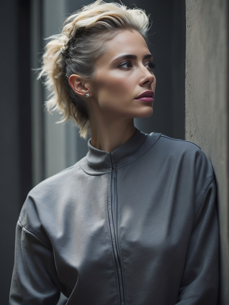 a 42 yo woman, blonde, (hi-top fade:1.3), dark theme, soothing tones, muted colors, high contrast, (natural skin texture, hyperrealism, soft light, sharp)