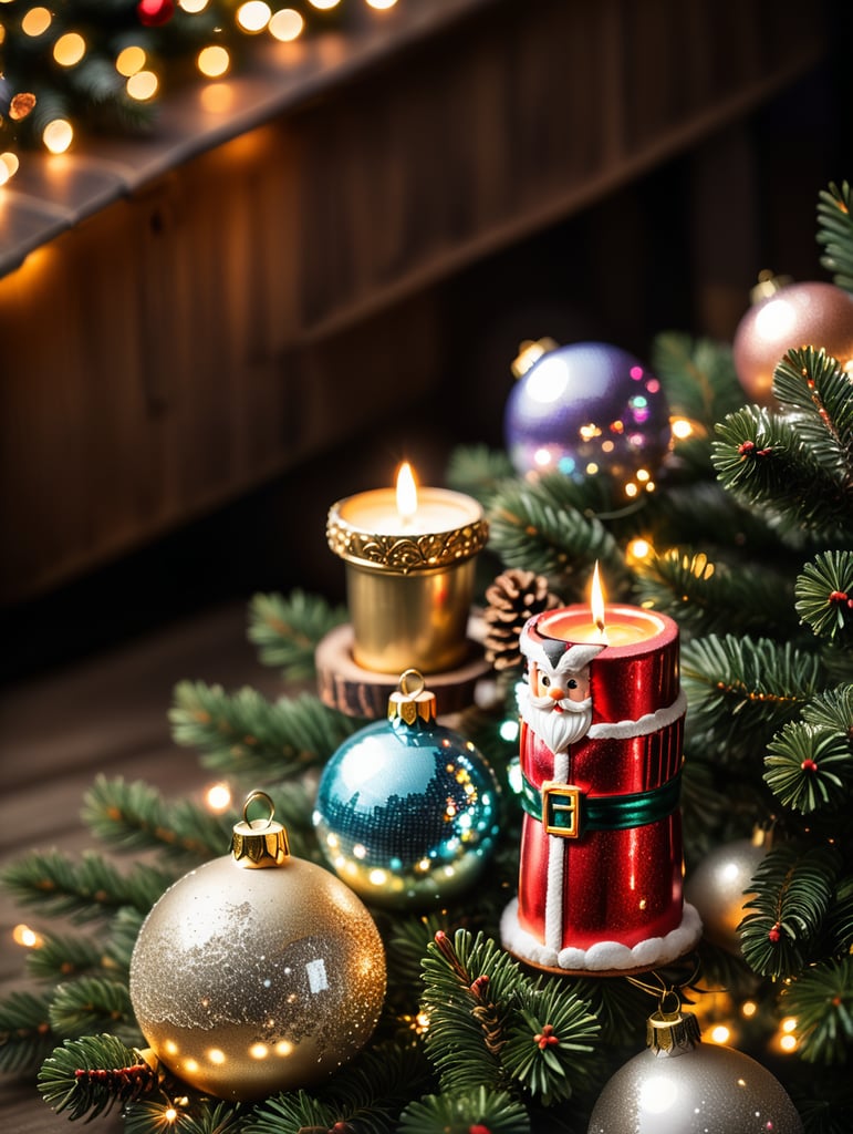 Change the background to a Christmas theme with bright decorative lights. Add a Christmas tree to the upper left corner.