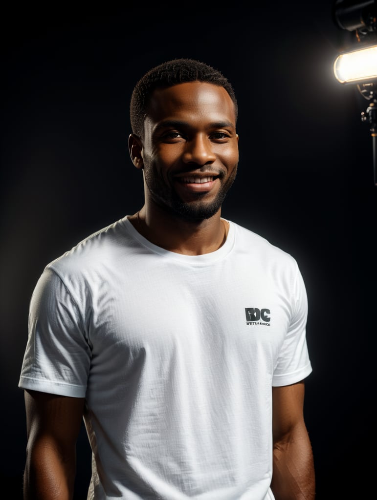 a black African man wearing white t-shirts, standing in front of black background, blank shirt no print, smiling, photo for apparel mock-up