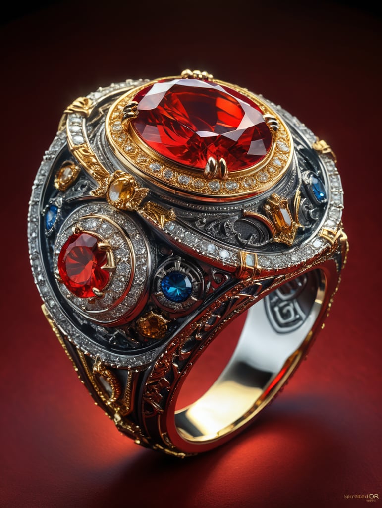 Royal golden ring with diamond, fantasy style, bright red background, rich colors, contrasting light, deep colors, high details