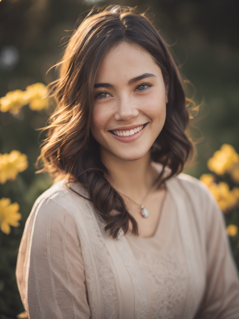closeup portrait of a cute 1girl, fun mood, smiles, flowers around, flares