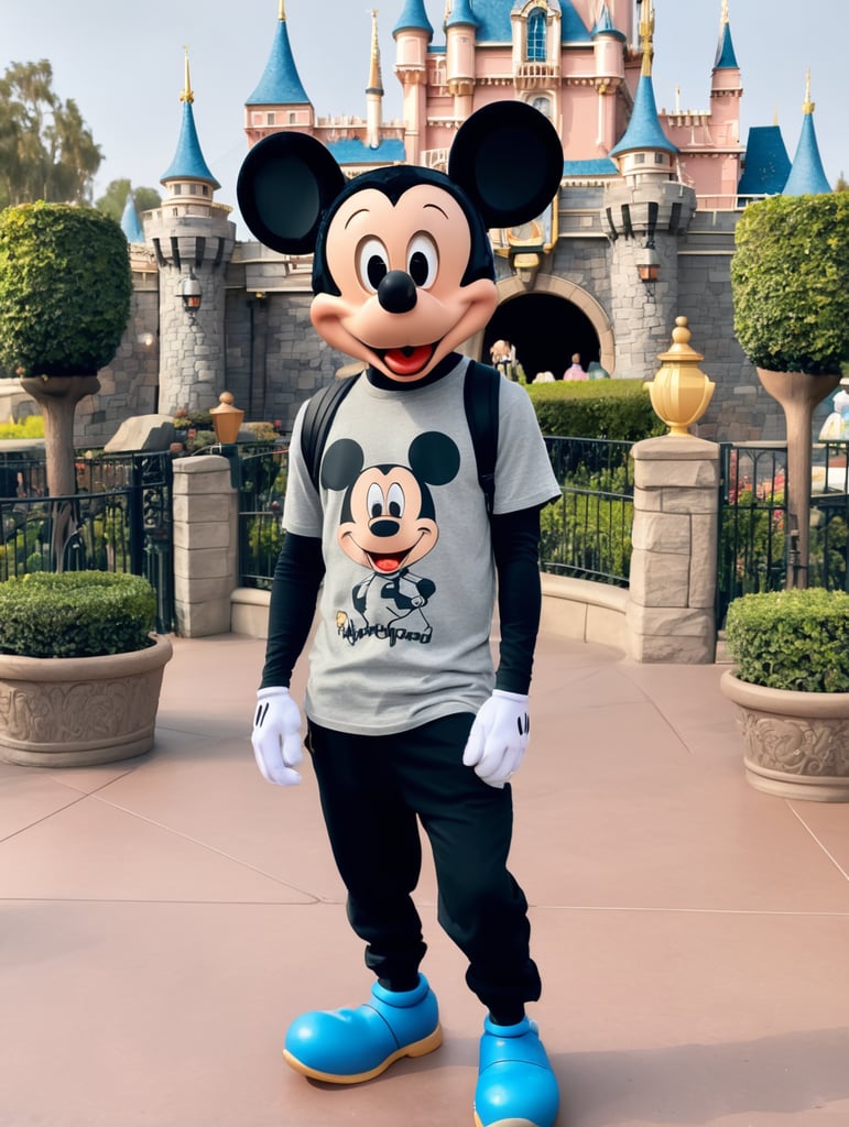 King Charles wearing a mickey mouse t-shirt, standing in Disneyland