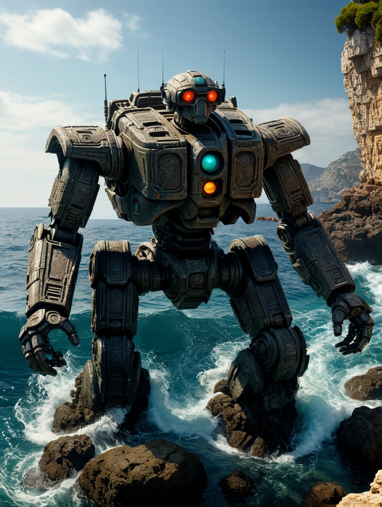 Johnny 5 aquatic robot model spec exploring greek megalithic structures under the Mediterranean sea.