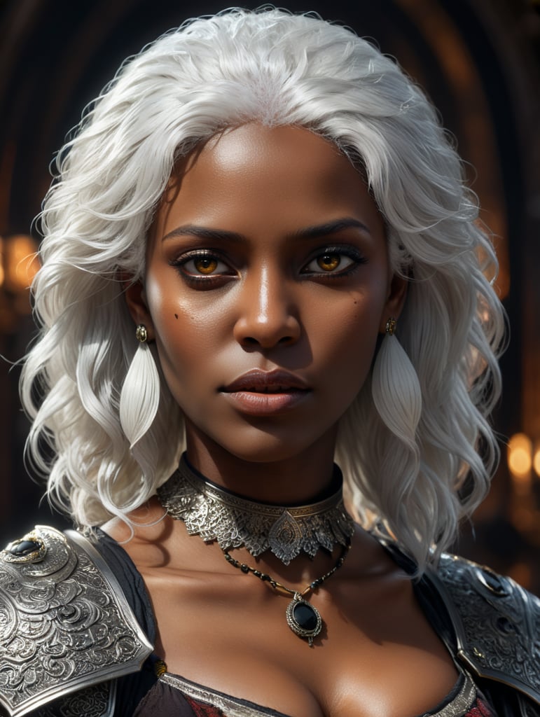 A dark-skinned black woman with white hair and dark-colored eyes