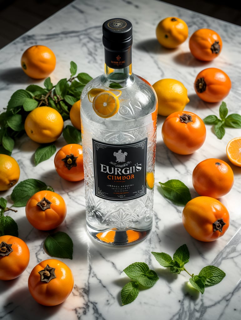 professional photo of a gin bottle on a white marble table surrounded by lemons, persimmons and mint, natural light