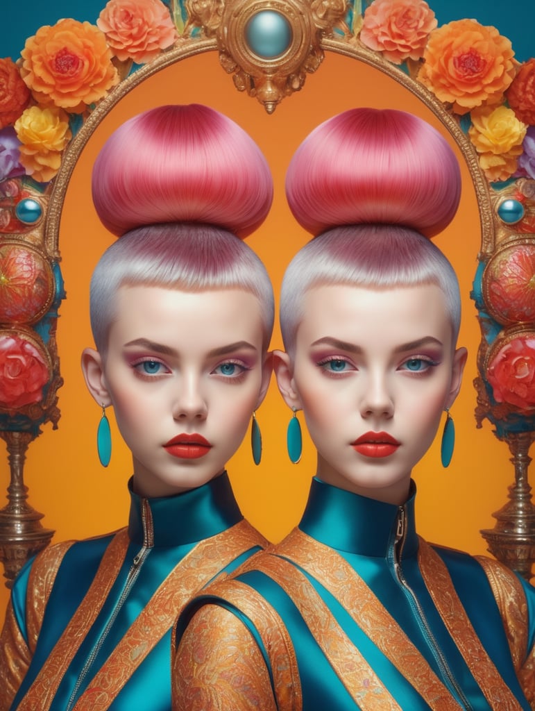 Modern portrait of two young girls with short hair standing next to each other, style of James Bidgood, frontal view, symmetry, Incredibly high detail, Bright colors