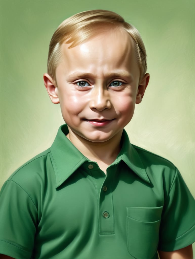 portrait of Vladimir Putin as a kid, happy with green shirt