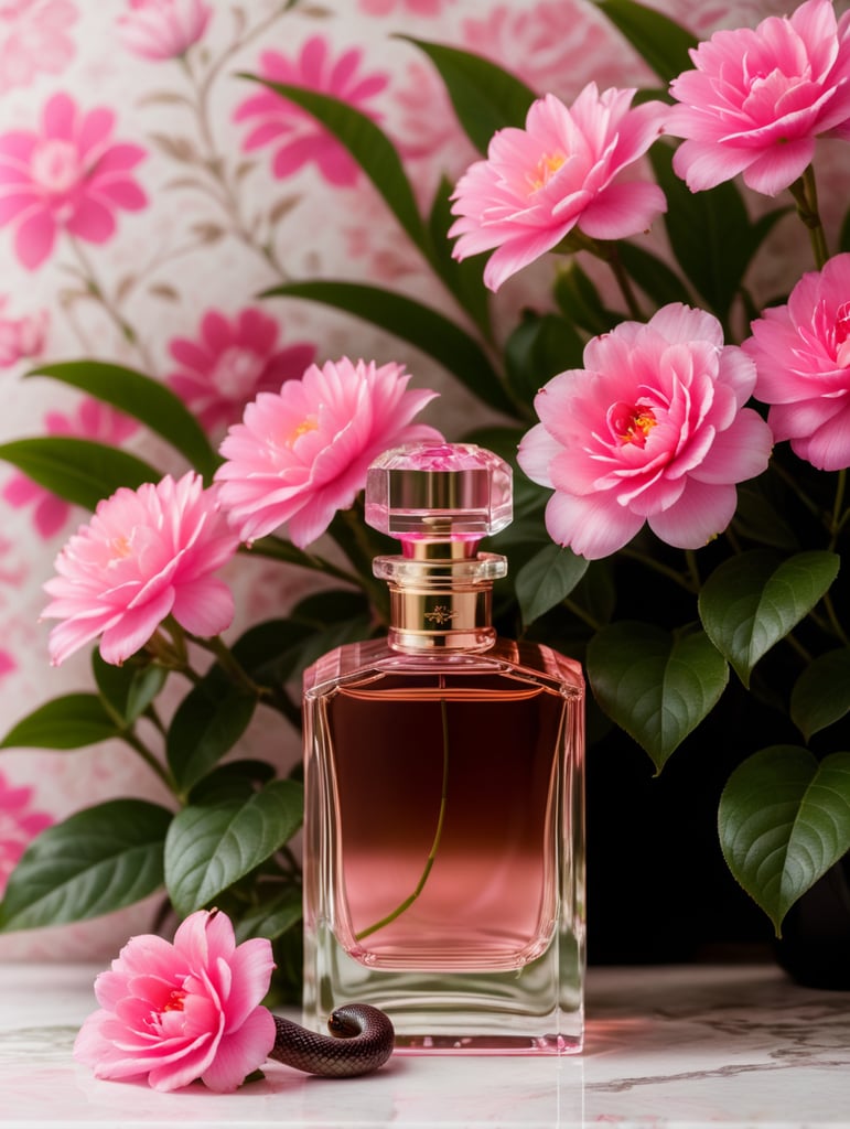 minimalistic perfume bottle and pink snake next to the bottle In front of a Floral wallpaper with neon colored flowers,