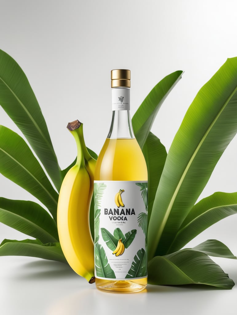 Packaging and branding for a banana vodka brand as if it had been designed by HI ESTUDIO with In a set design with banana, and banana leaves.