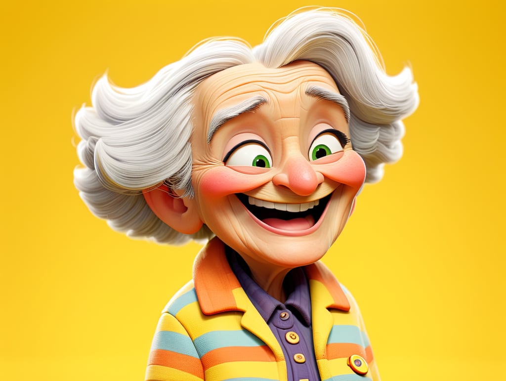 Smiling and cheerful old lady in a striped jacket on an isolated yellow background