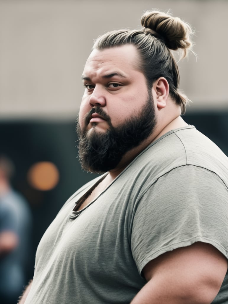 Extremely obese man with man bun