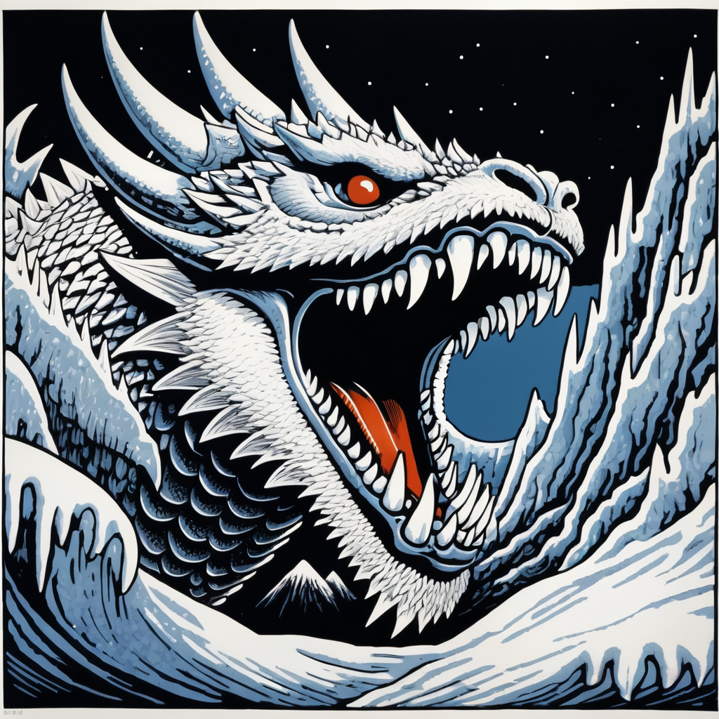 Beautiful linocut illustration of a shimu kaiju, white color, ice spikes on the back, open mouth with sharp teeth, large claws