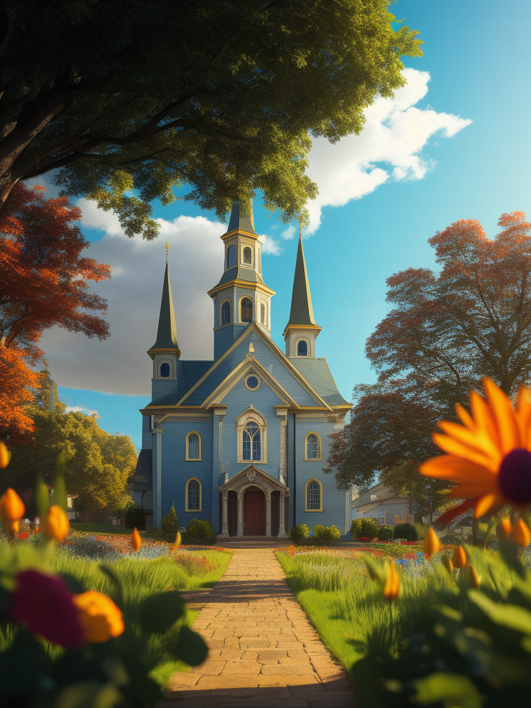 A church on a hill with 2 trees, many flowers, a beautiful sunny day with the prettiest blue sky and clouds that we hardly see in the sky.