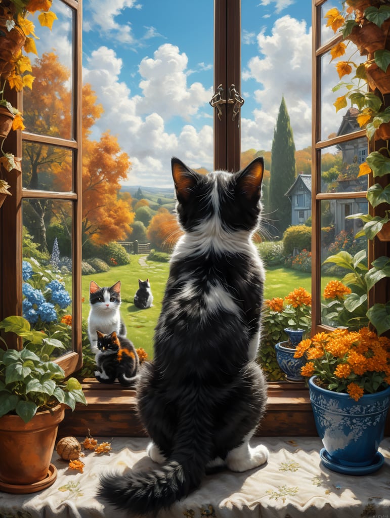 Back view of a small black and white kitten sitting on a windowsill, next to a small ginger kitten and a small tortoiseshell kitten. All looking out of a window at an autumnal garden. With a blue sky.