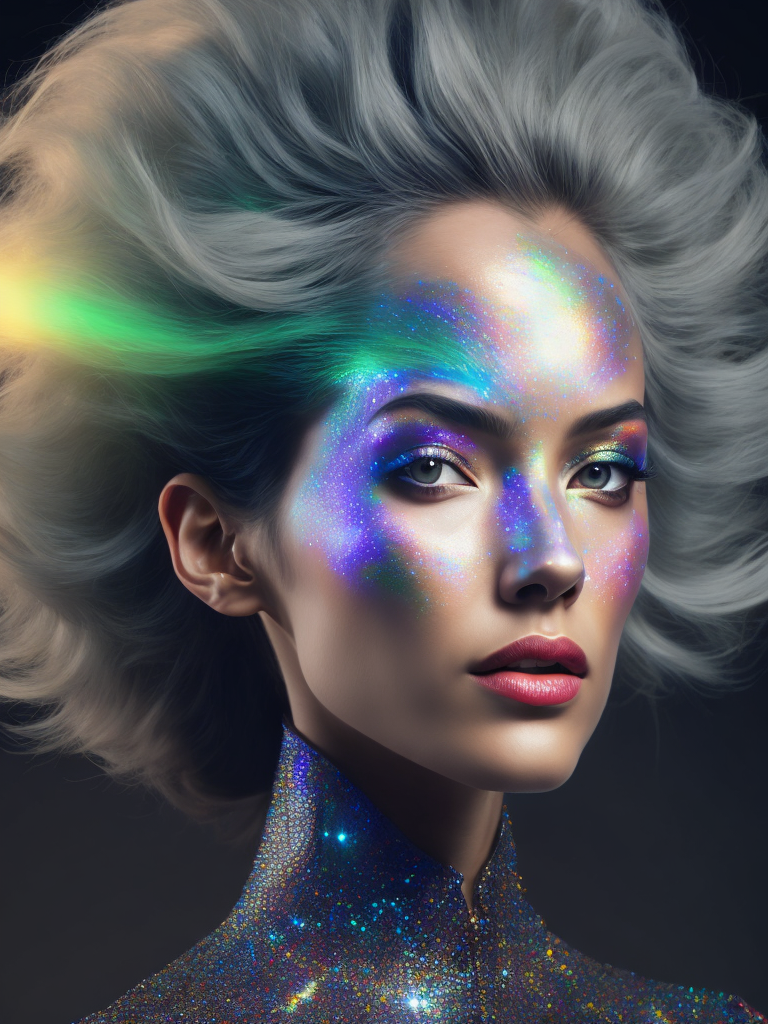 Mesmerizing Holographic face materials shimmer in motion, Photography in the style of Rankin