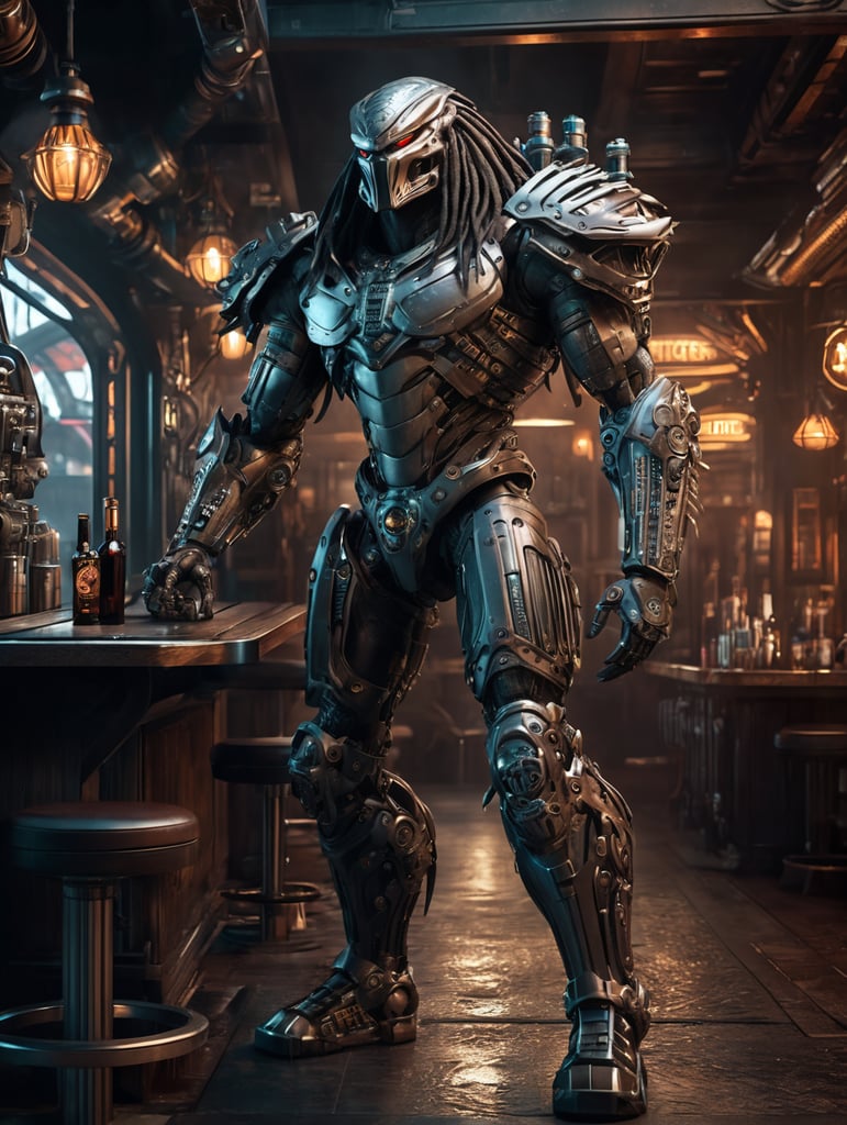 Predator biomechanic, full body cinematic style digital art render with mechanical and futuristic old pub