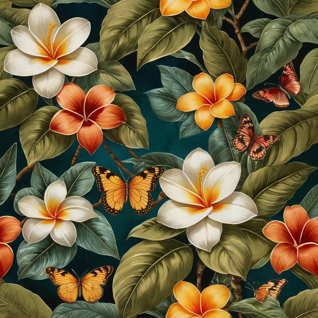 Oriental luxury floral patterns in the style of Balinese and Peranakan culture::1 trailing blousy Frangipani blooms::1.25 fabric [1 butterfly flying on a tree, Frangipani, botanical mango leaves, oriental floral] prints::5 opulent florals with an Indienne twist::olive colour:1 ostentatious feminity::1 repeating seamless pattern::4 patternbank::1 wide angle::2::flemish baroque::rococo --no watermark, text --v 4
