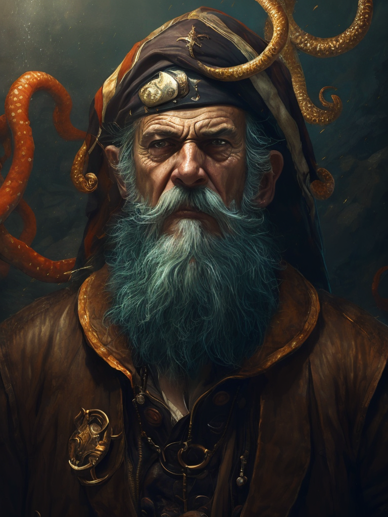 old pirate with octopus beard, dark scene, dark atmosphere, epic shot, sharp on details