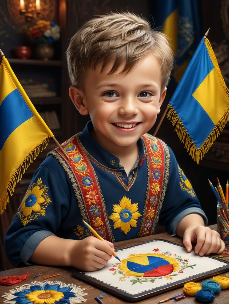 3D візуалізації веселого милого хлопчика в українській вишиванці, з графічним малює яскраві пригоди, на задньому фоні - вибух фарб в кольорах прапора України, стиль Disney
