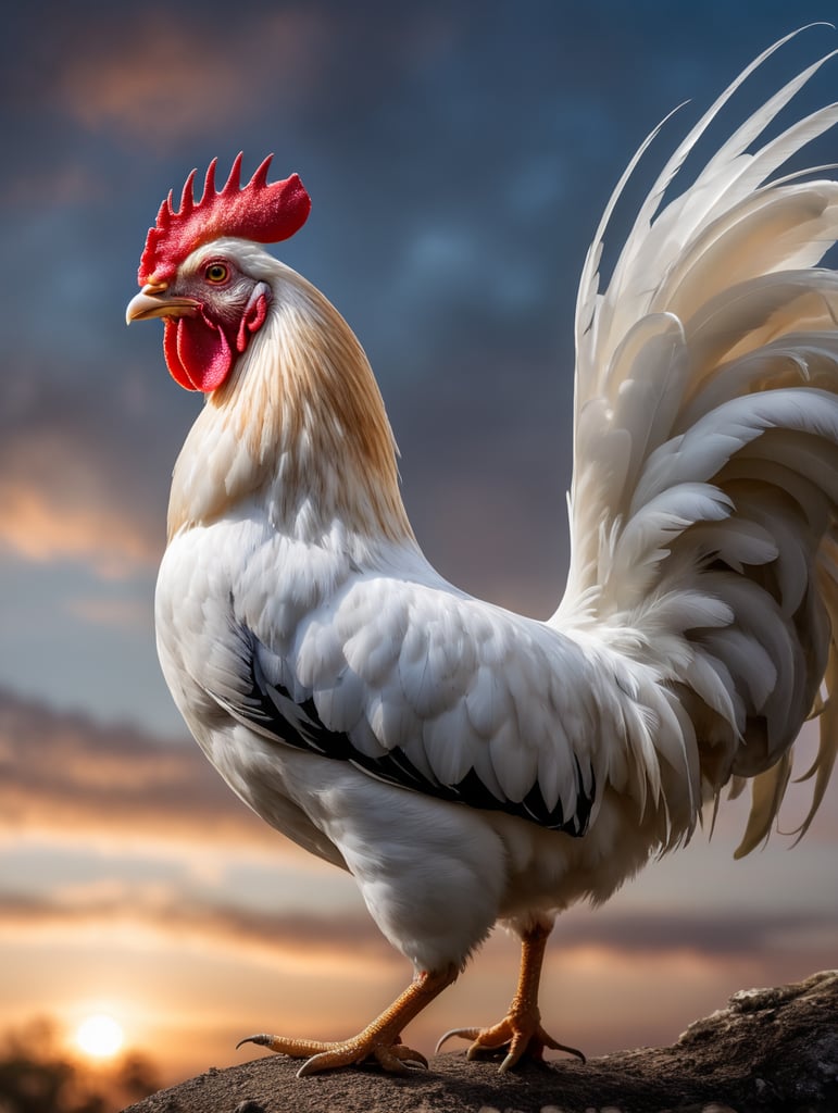 beautiful photorealistic rooster in white crowing in morning outside, beautiful morning sky