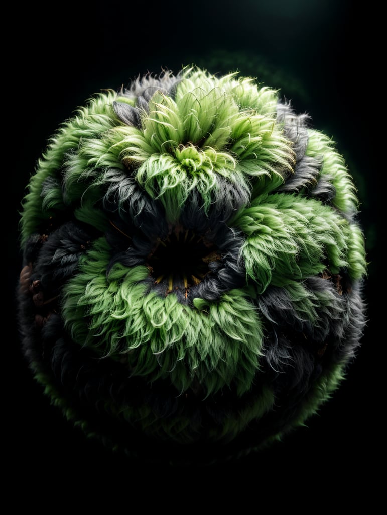 green fluffy ball, isolated, black background