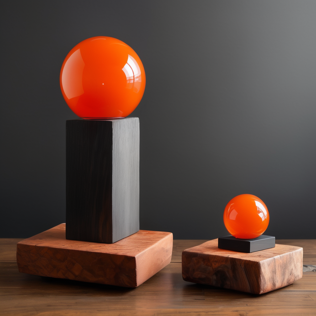 Un tótem de Una roca color naranja brillante sobre una pieza de madera natural muy obscura que se encuentra sobre un bloque de cobre arriba de una esfera pequeña de vidrio. Que parezca una escultura en equilibrio de arte contemporáneo en un entorno gris obscuro sin muchos elementos