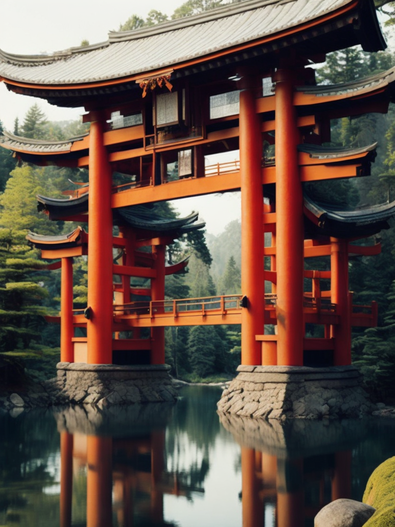 Red torii gate in middle of a lake, Dense forest on the edge of the lake, Bright and saturated colors, Japanese culture, photorealistic, contrast light