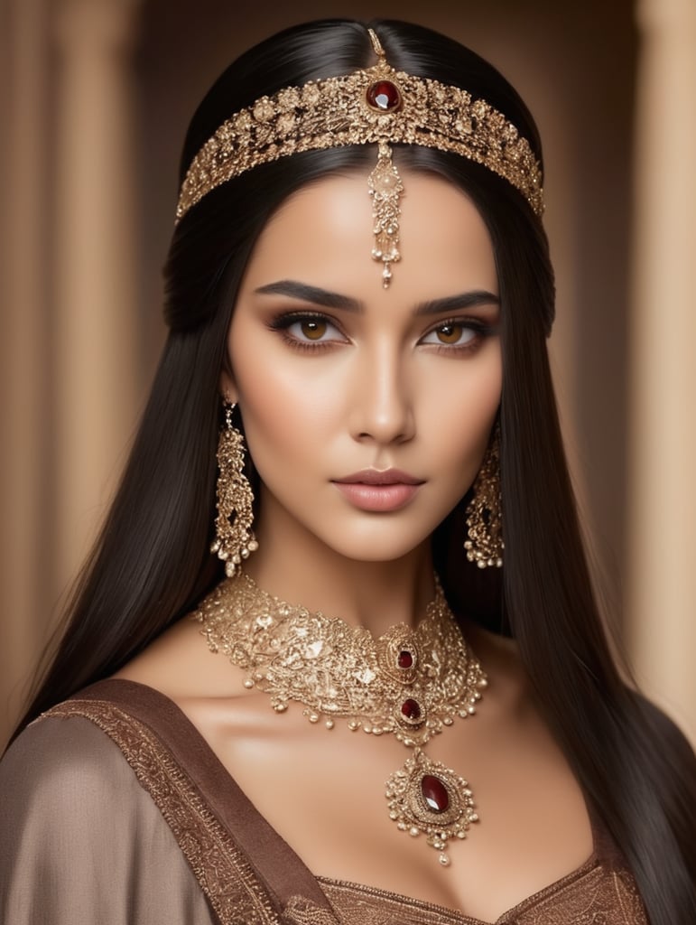 Beautiful queen, dark long straight hair, dark fabric, head accessories and brown eyes