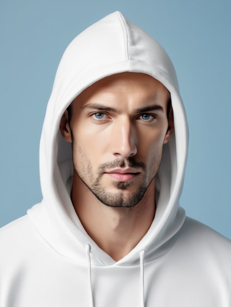 a man wearing blank white hoodie, isolated, blue background, style of Miles Aldridge, mockup, mock up