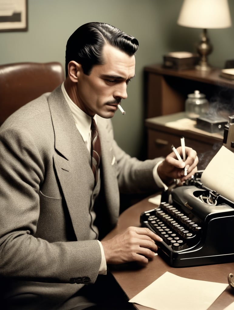 Hollywood 1940's, one armed man, smoking a cigarette, typing on a vintage in an office,