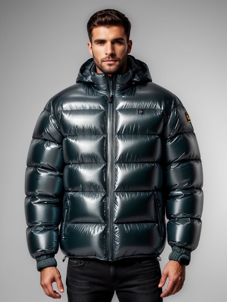 Inflatable chrome minimalist man's puffer jacket, transparent, isolated, grey background, mockup