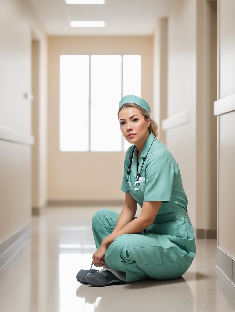 Portrait of a female working nurse, sitting on the floor in the hallway, sad face, sad colors and atmosphere, the light from the window illuminates her face