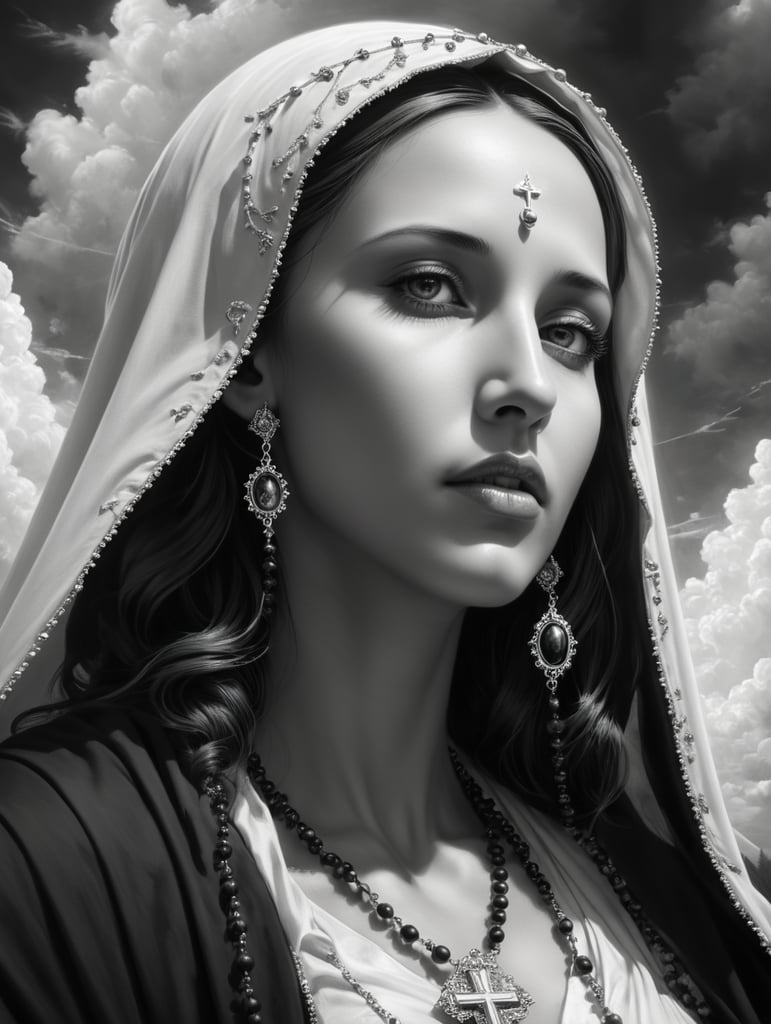 side view virgin mary holding a roseary necklace in the sky, black and white