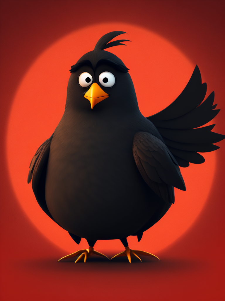 angry birds, black round bird on red background, standing centered in 3D style, rendered using beautiful Disney animation, Pixar style, Disney style, 3D style