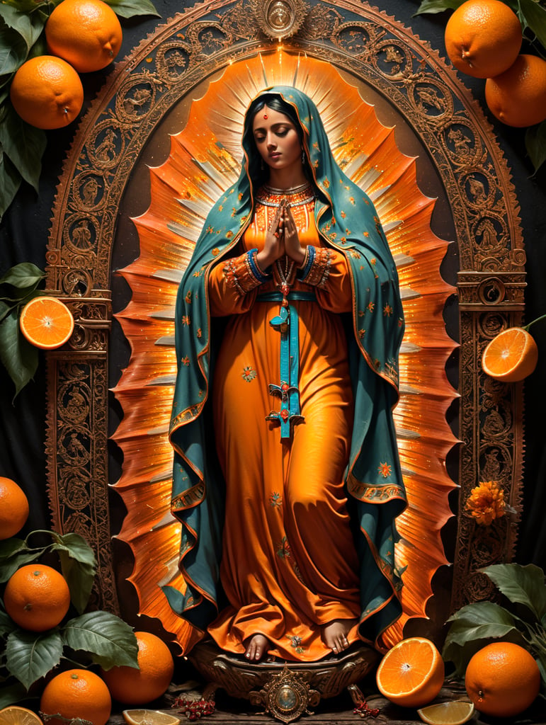 Our Lady of Guadalupe like an AE Waite and orange tarot card 5000px