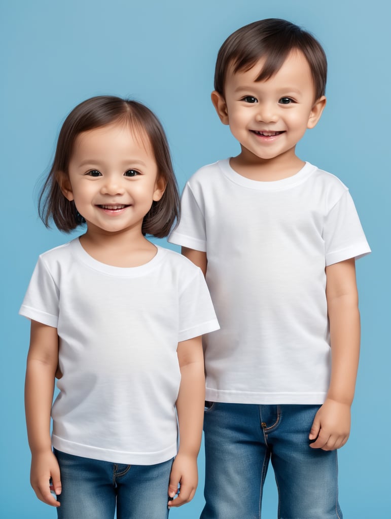 a Little boy and girl wearing white t-shirts, standing in front of blue background, blank shirts no print, 3 years old smiling toddlers, photo for apparel mock-up