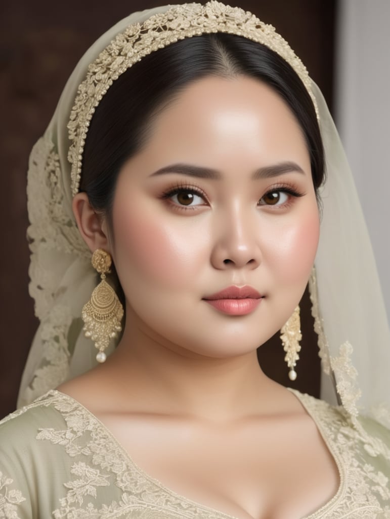 An Indonesian woman is slightly fat, chubby cheeks, flat nose, Slightly oval face shape,wearing a kebaya,No make up, white skin