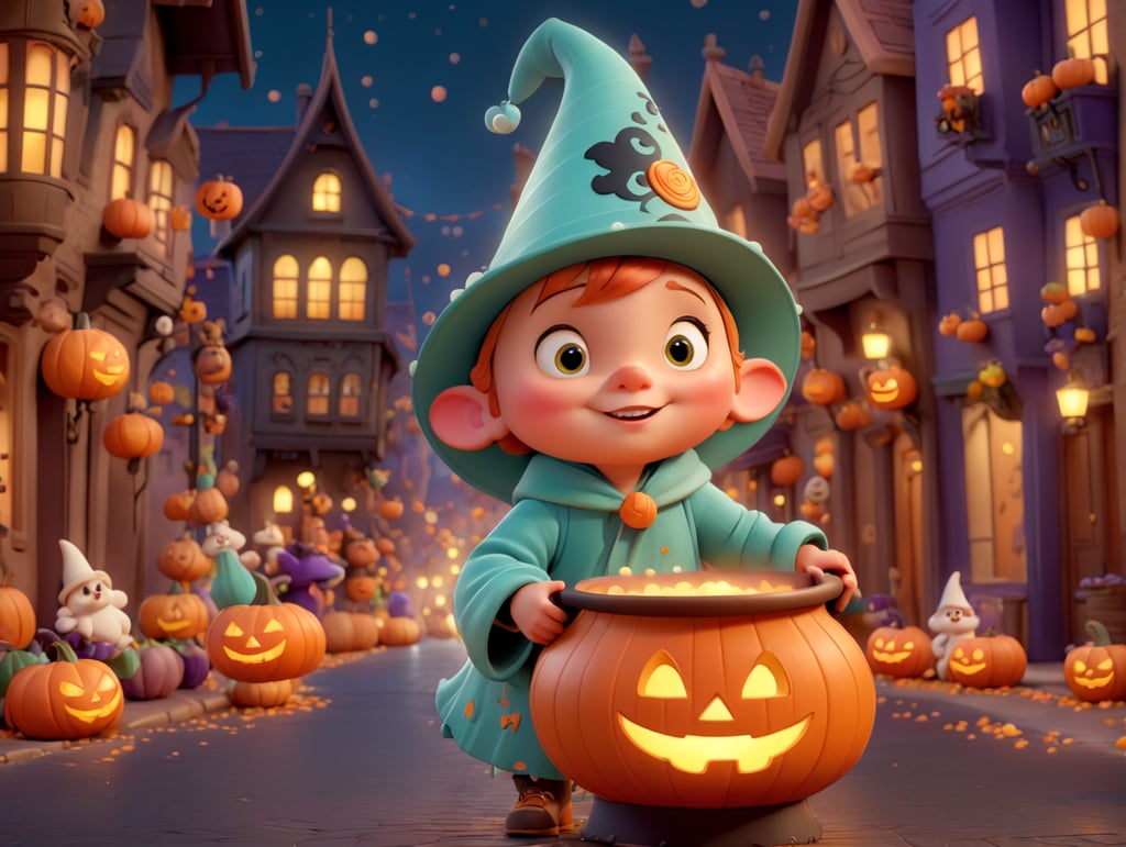 A charming and mischievous Full body Character in the middle of Street at night, halloween theme, Disney Pixar style, wearing a pointy hat and holding a bubbling cauldron