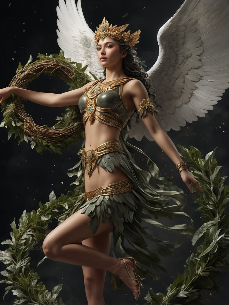 nike winged goddess, floating on air, lifting up a wreath of laurel leaves with her right arm, in picture full body and wings, dark background, light front, ancient greek hairstyle, detailed