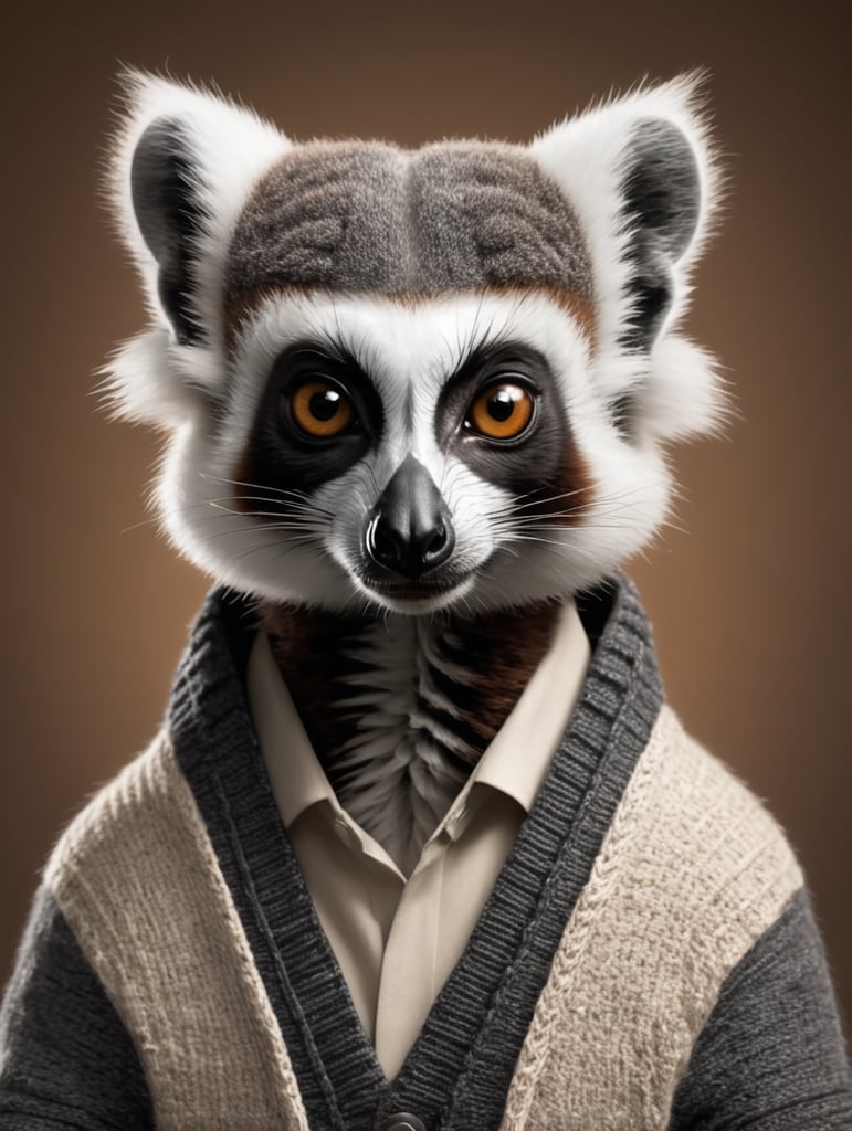 Lemur wearing a cardigan photoshoot headshot on a chestnut background, in the style of ultra detailed, cut and paste, dark gray and white, hd mod, determined faces, smooth edges