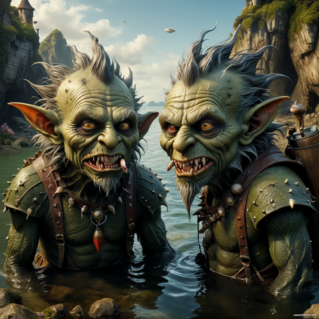 painting of two wrinkled spikey long haired goblins, very bony creatures, with horrible bumps on heads, fishing in the middle of a body of water, dribbling down their mouths, a whimsical Wonderland, ultra-photo-realistic, Utopia, by Sean Yoru, graffiti, Splash art, 8K resolution high detail benjamin lacombe, by seb mckinnon