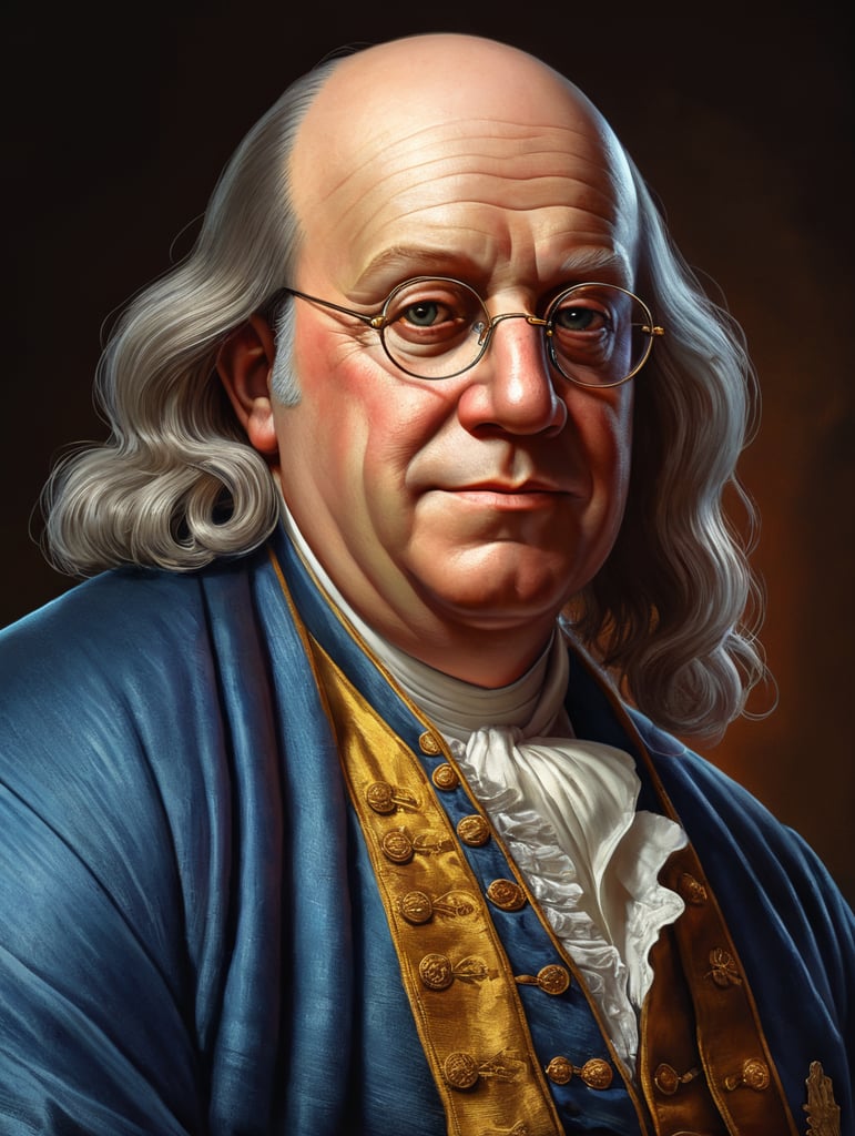 Half-body Portrait of Benjamin Franklin, bright and saturated colors, highly detailed, sharp focus, Bright expressive, Dramatic Lighting, Depth of field, Incredibly high detailed, on a white background