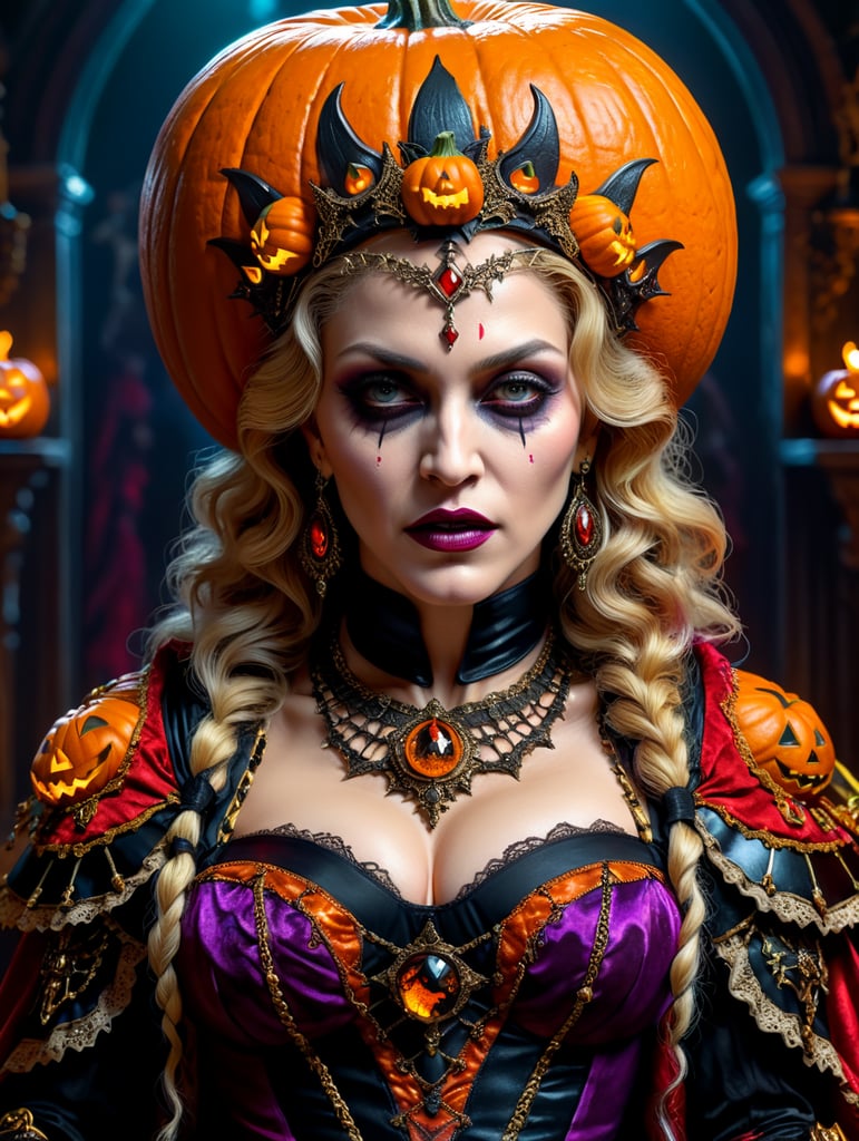 Madonna wearing spooky Halloween costume, Vivid saturated colors, Contrast color