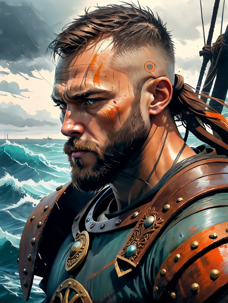 A portrait of viking warrior at the boat in the ocean, stormy weather