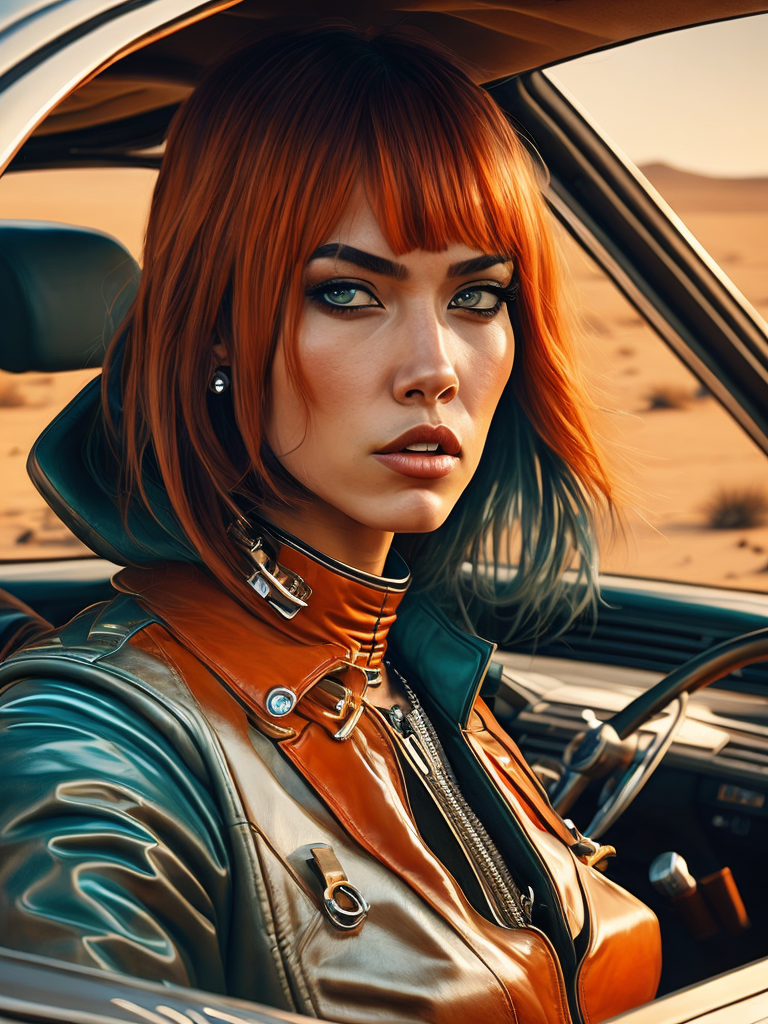 Cyber girl wearing chrome, shining reflections, driving a 70s chrome car in the desert, photorealistic, hyperdetailed