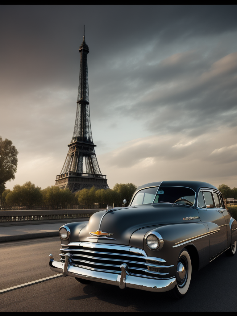 1952 Gray Chevrolet, with the Eiffel Tower in the background, surrealistic, landscape, muted tones